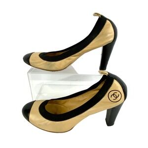 Chanel Leather Pumps Women 40.5 Beige Black Sz 8.5 Luxury Vintage Shoes Cap Toe